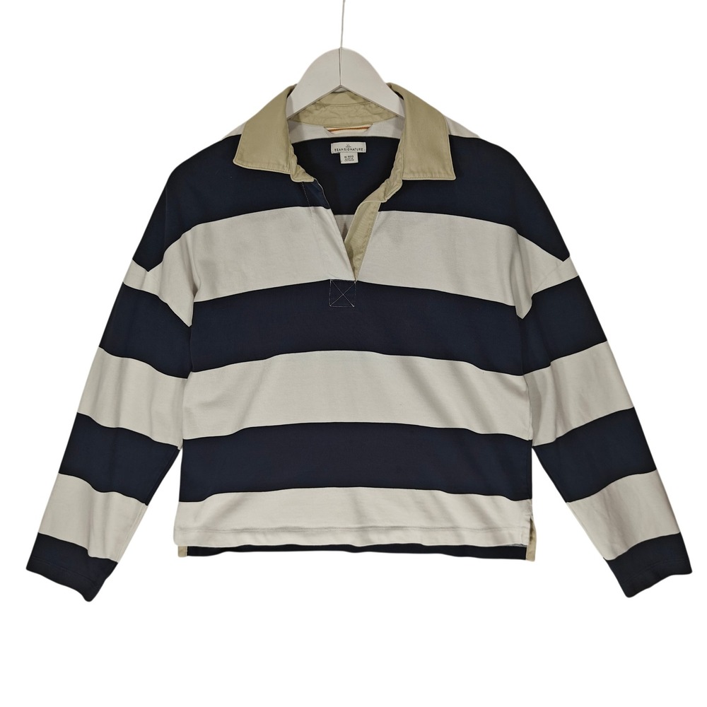 LL Bean Signature Womens Navy White Striped Rugby Shirt Cotton M 521790